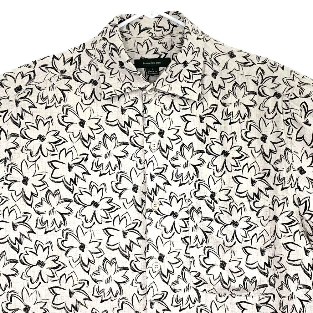 Ermenegildo Zegna Pure Linen Short Sleeve Shirt Mens Floral Geometric Large